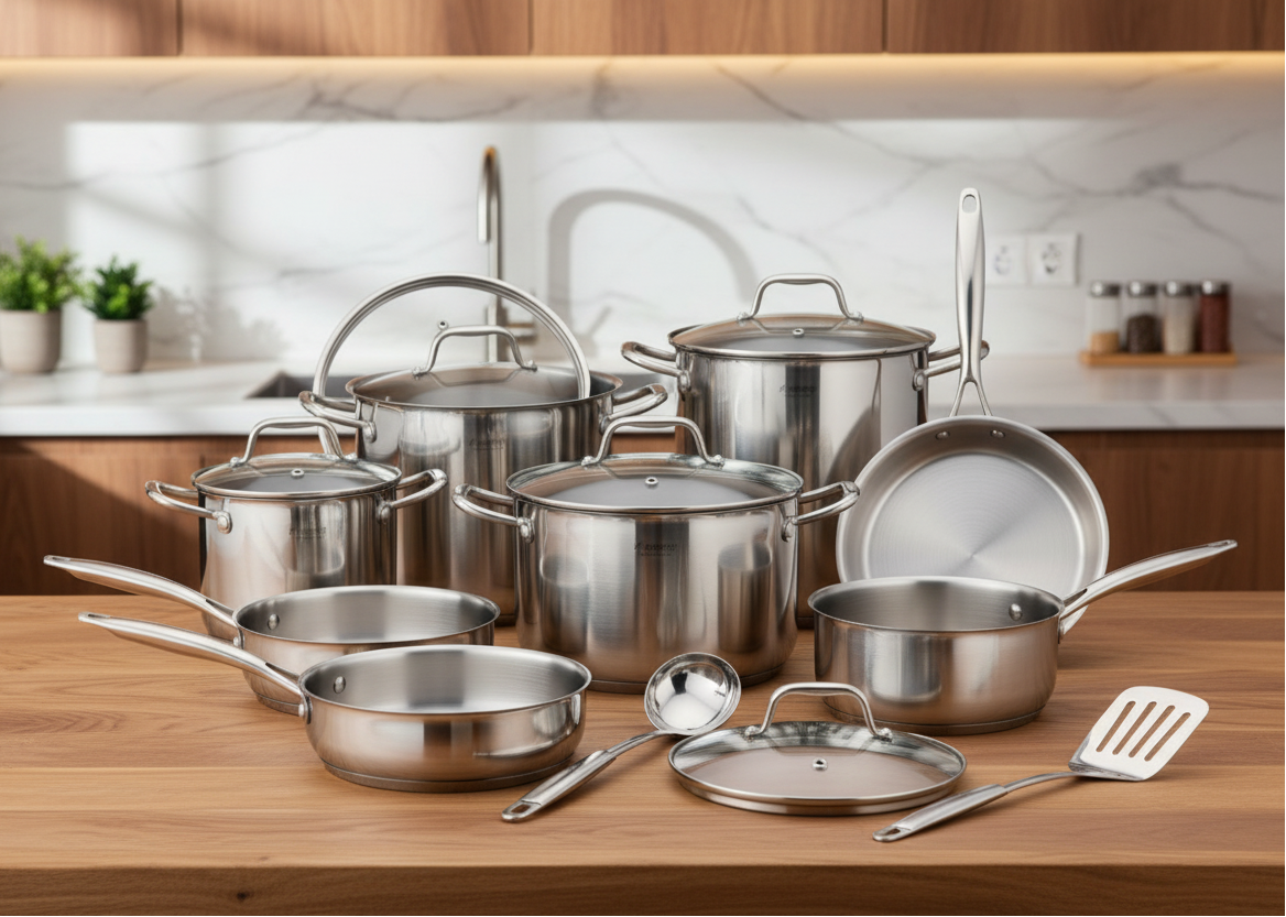 Professional product photo of stainless steel cookware 12-piece pots and pans set